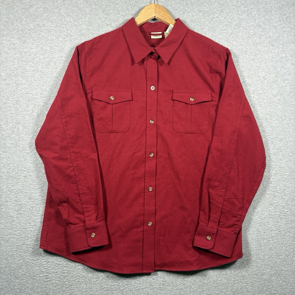 LL Bean Womens XL Chamois Flannel Shirt Red Cotton Button Front Vintage Preppy
